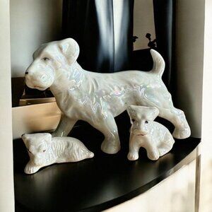 3 Vintage Westie Highland Terrier Figurines Iridescent Mama + Puppies Japan